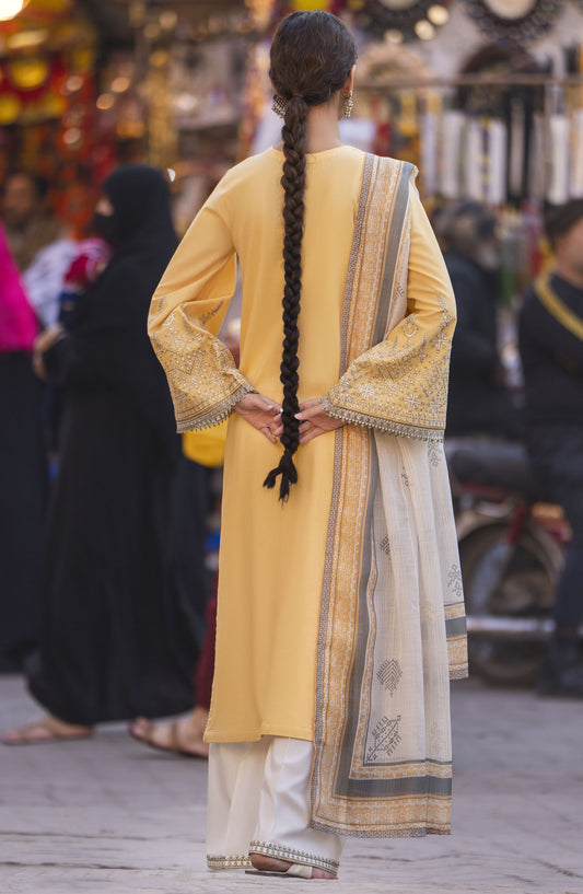 Bazaar by Casual Lite Embroidered Lawn Stitched 3 Piece Suit - D-01 - CL25BSV2 - Yellow - Summer Collection