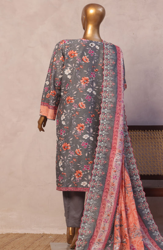 Bin Saeed Embroidered Lawn Stitched 3 Piece Suit - D-02 - BS25LELC - Grey - Summer Collection
