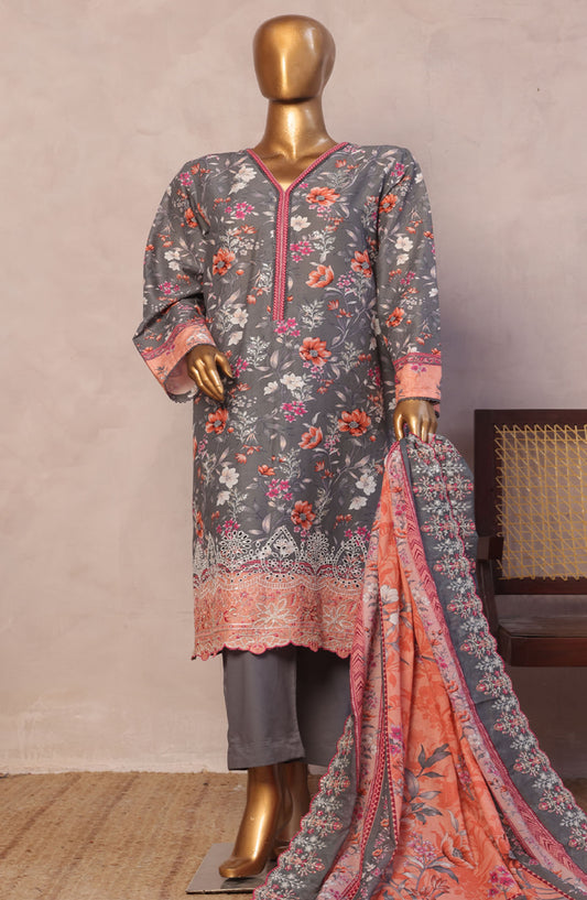 Bin Saeed Embroidered Lawn Stitched 3 Piece Suit - D-02 - BS25LELC - Grey - Summer Collection