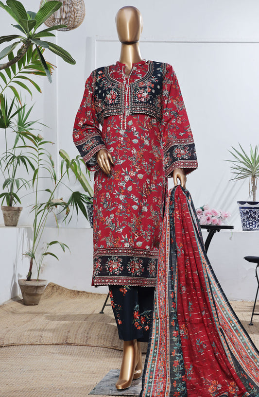 Bin Saeed Embroidered Lawn Stitched 3 Piece Suit - D-03 - BS25BEEC - Red - Eid Collection