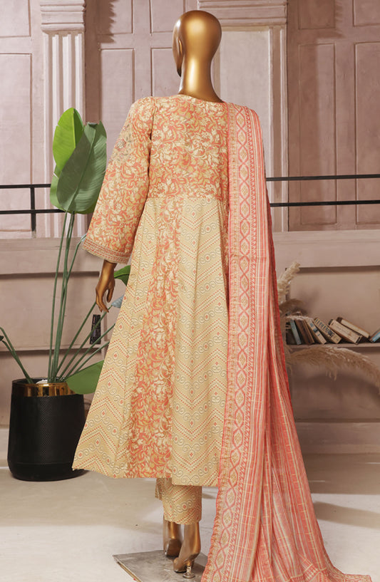 Bin Saeed Embroidered Lawn Stitched 3 Piece Frock - D-03 - BS25ELEF - Peach - Summer Collection