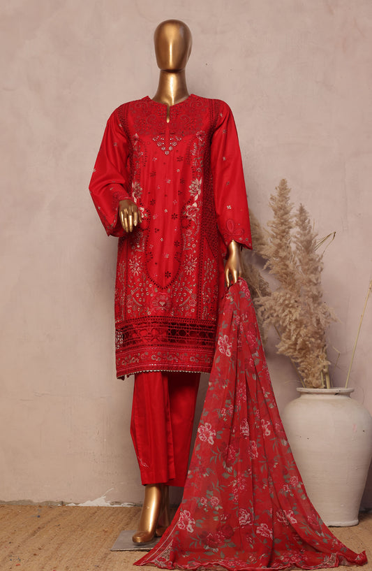 Bin Saeed Embroidered Lawn Stitched 3 Piece Suit - D-03 - BS25LPLV4 - Red - Summer Collection