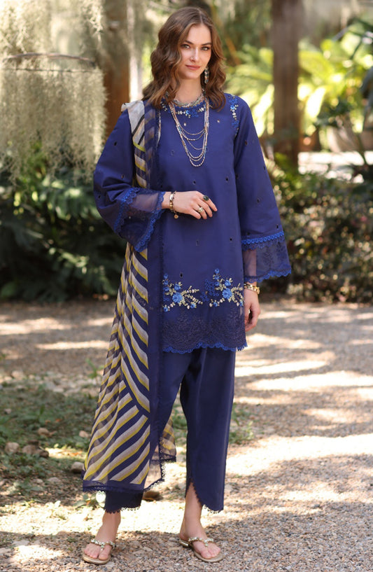 Noor by Saadia Asad Embroidered Lawn Unstitched 3 Piece Suit - D-03 A - SA25NELP - Blue - Summer Collection