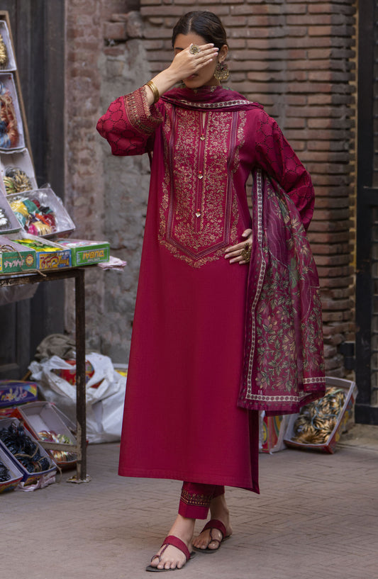 Bazaar by Casual Lite Embroidered Lawn Stitched 3 Piece Suit - D-05 - CL25BSV2 - Maroon - Summer Collection