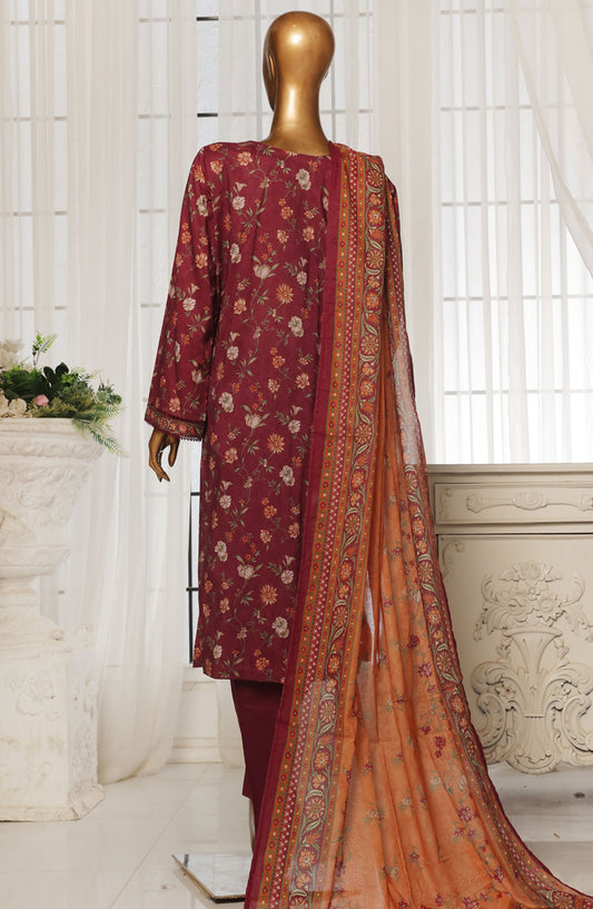 Bin Saeed Printed Lawn Stitched 3 Piece Suit - D-06 - BS25EPLV4 - Maroon - Summer Collection