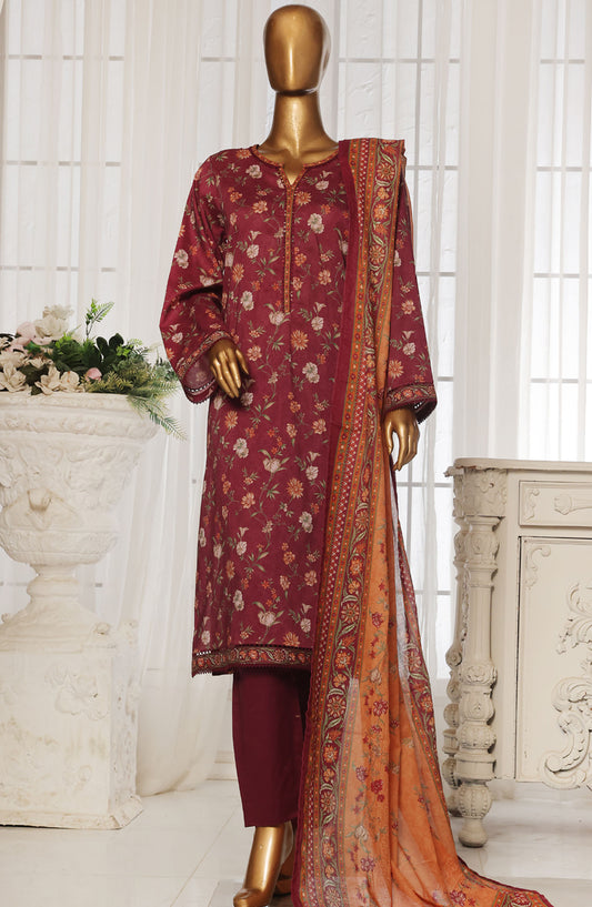 Bin Saeed Printed Lawn Stitched 3 Piece Suit - D-06 - BS25EPLV4 - Maroon - Summer Collection