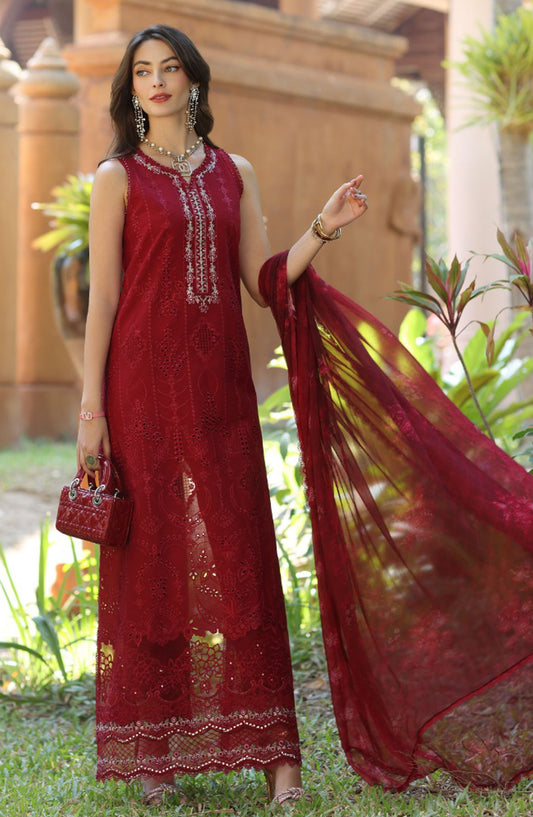 Noor by Saadia Asad Embroidered Lawn Unstitched 3 Piece - D-07-A - SA25ELL - Red - Summer Collection