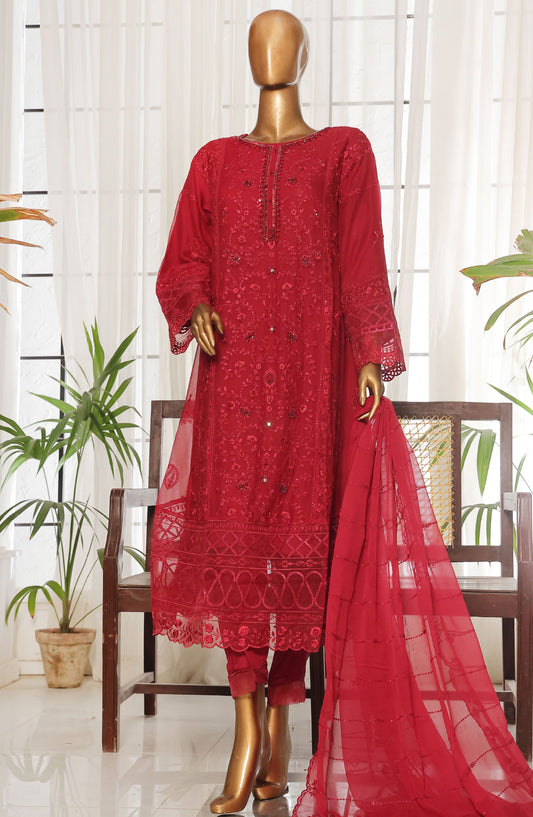 Bin Saeed Embroidered Organza Stitched 3 Piece Suit - D-07 - BS25LOCF - Red - Festive Collection