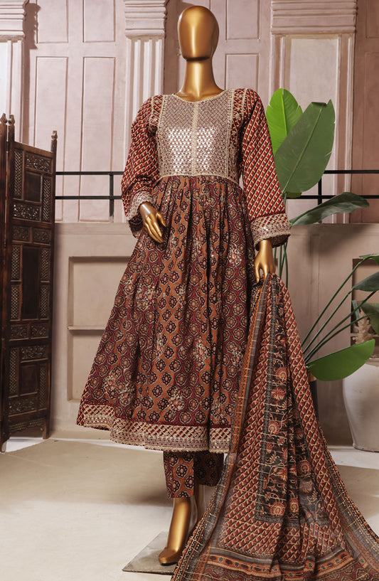 Bin Saeed Embroidered Lawn Stitched 3 Piece Frock - D-08 - BS25ELEF - Brown - Summer Collection