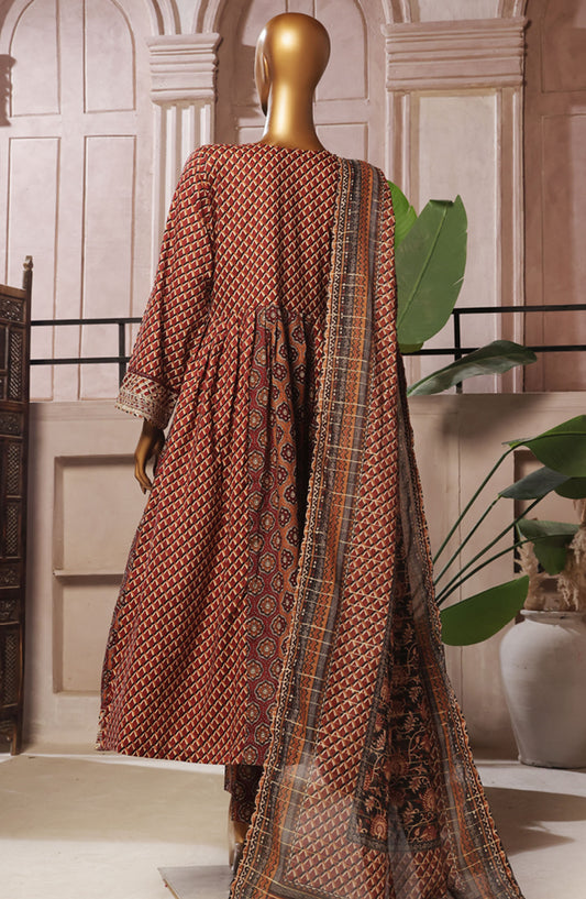 Bin Saeed Embroidered Lawn Stitched 3 Piece Frock - D-08 - BS25ELEF - Brown - Summer Collection