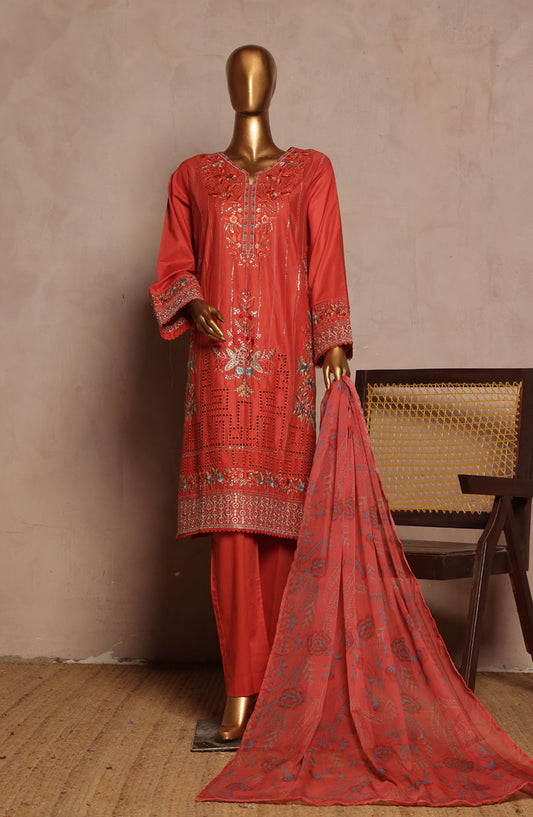 Bin Saeed Embroidered Lawn Stitched 3 Piece Suit - D-08 - BS25LPLV4 - Red - Summer Collection