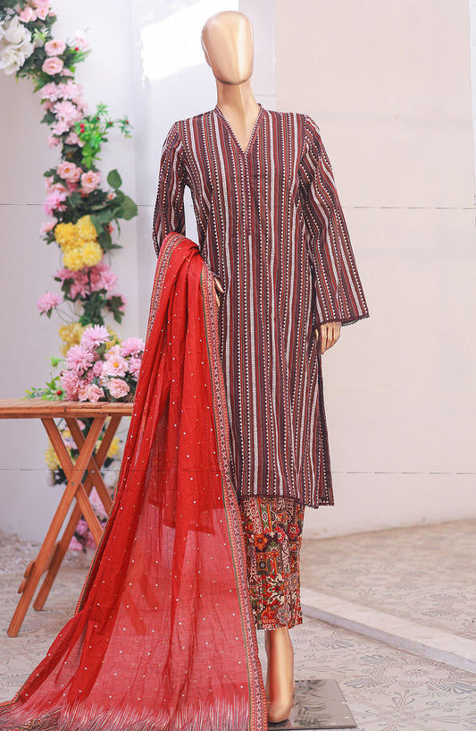 Bin Saeed Printed Lawn Stitched 3 Piece Suit - D-08 - BS25PLV6 - Maroon - Summer Collection
