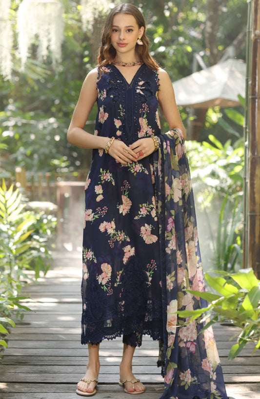 Noor by Saadia Asad Embroidered Lawn Unstitched 3 Piece Suit - D-08 B - SA25NELP - Blue - Summer Collection