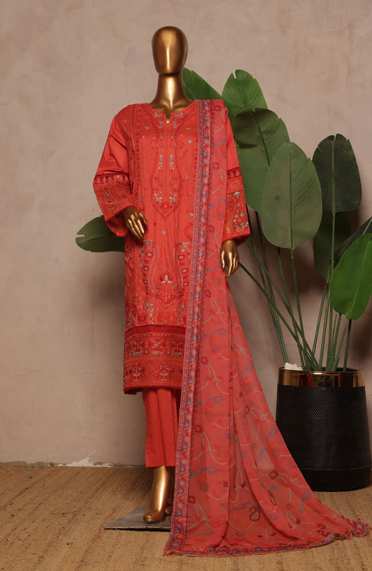 Bin Saeed Embroidered Lawn Stitched 3 Piece Suit - D-12 - BS25LPLV4 - Red - Summer Collection