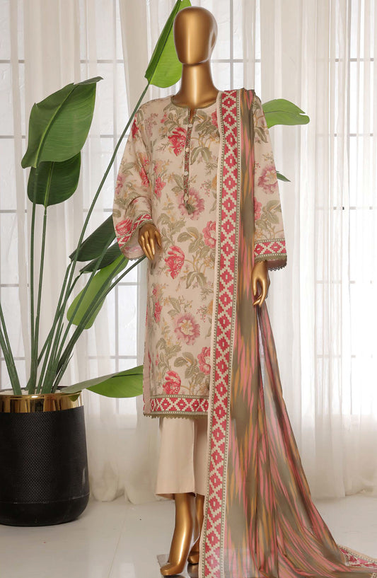 Sadabahar Printed Lawn Stitched 3 Piece Suit - D-15 - SDB25PLV3 - Beige - Summer Collection