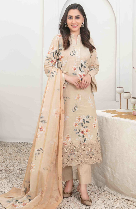 Areeba by Tawakkal Fabric Embroidered Lawn Unstitched 3 Piece Suit - D-1687 - TF25AEL - Beige - Summer Collection