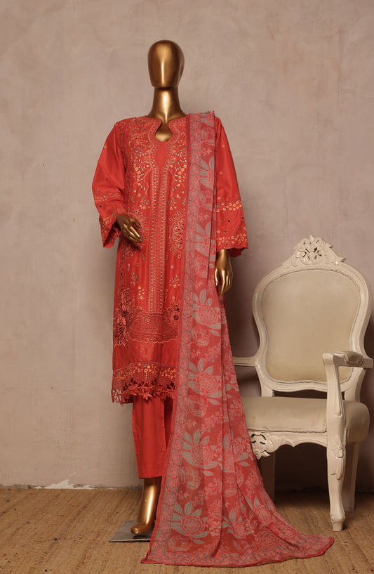 Bin Saeed Embroidered Lawn Stitched 3 Piece Suit - D-16 - BS25LPLV4 - Red - Summer Collection