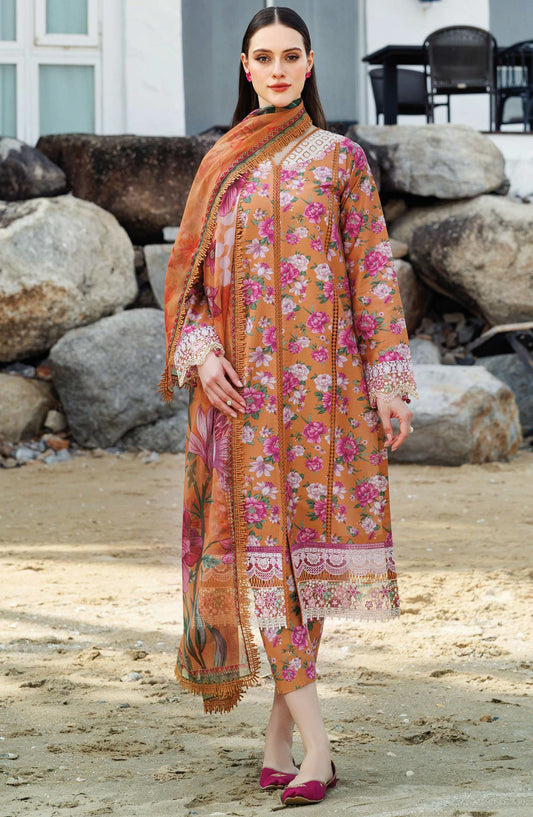 Aurea by Farasha Embroidered Lawn Unstitched 3 Piece Suit - D-16 Coral Haze - FSH25AEL - Brown - Summer Collection