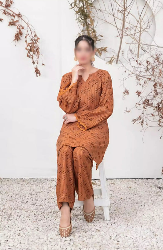 ZULA - Solid Stitched Cotton Waffle Co Ord  Set Collection 2024 - D 2091