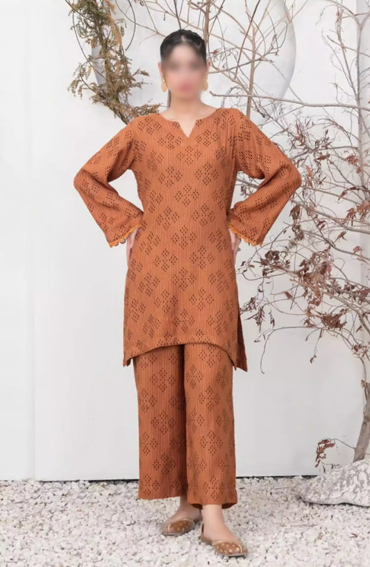 ZULA - Solid Stitched Cotton Waffle Co Ord  Set Collection 2024 - D 2091
