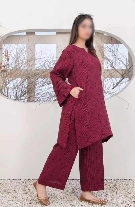ZULA - Solid Stitched Cotton Waffle Co Ord  Set Collection 2024 - D 2095