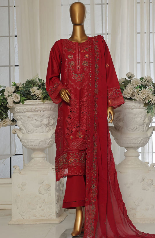 Sadabahar Embroidered Lawn Stitched 3 Piece Suit - D-2 - SDB25LESV4 - Red - Spring Collection