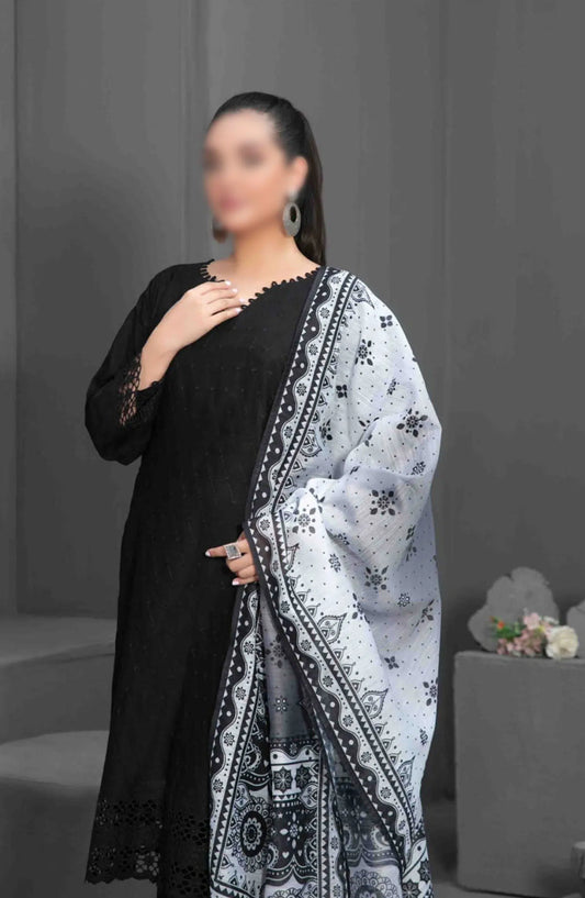 Siyah - Black Schiffli Embroidered Collection 2024 - D 3567