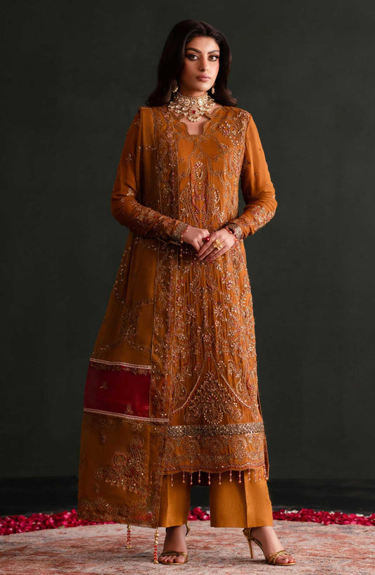Nooresha by Emaan Adeel Embroidered Chiffon Unstitched 3 Piece Suit - D-04 Zarang - EA25NF - Mustard - Formal Collection
