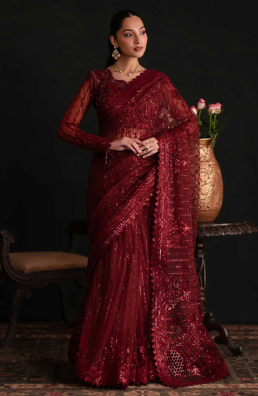 Nooresha by Emaan Adeel Embroidered Net Unstitched Saree - D-010 Lalish - EA25NF - Red - Formal Collection
