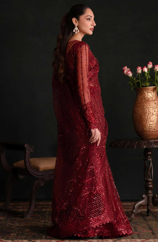 Nooresha by Emaan Adeel Embroidered Net Unstitched Saree - D-010 Lalish - EA25NF - Red - Formal Collection