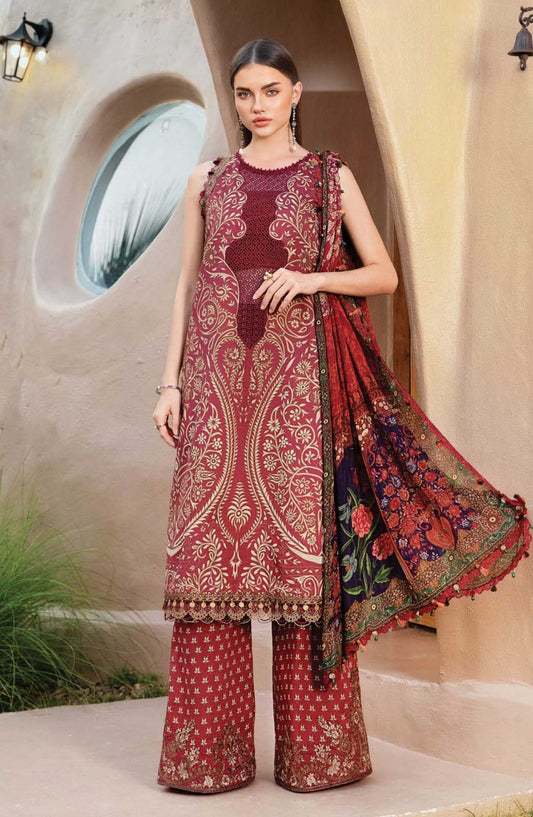 Mprints by Maria B Printed Unstitched 3 Piece Suit - D-12 A - MAB25PSS - Maroon - Summer Collection