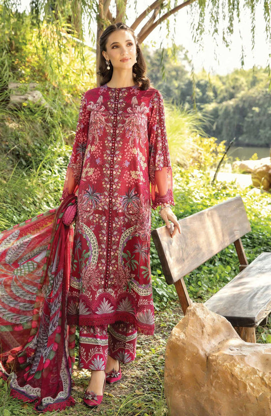 Mprints by Maria B Printed Unstitched 3 Piece Suit - D-14 B - MAB25PSS - Maroon - Summer Collection