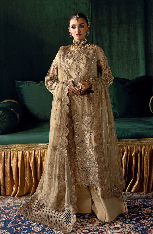 Dastak by Ramsha Embroidered Chiffon Unstitched 3 Piece Suit - Q-207 - R25DFV2 - Fawn - Formal Collection