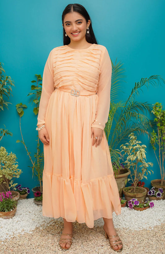 Modest Casual Crinkle Stitched 2 Piece Suit - ZAW03-Pch Selena - MOD25WWC - Peach - Casual Collection