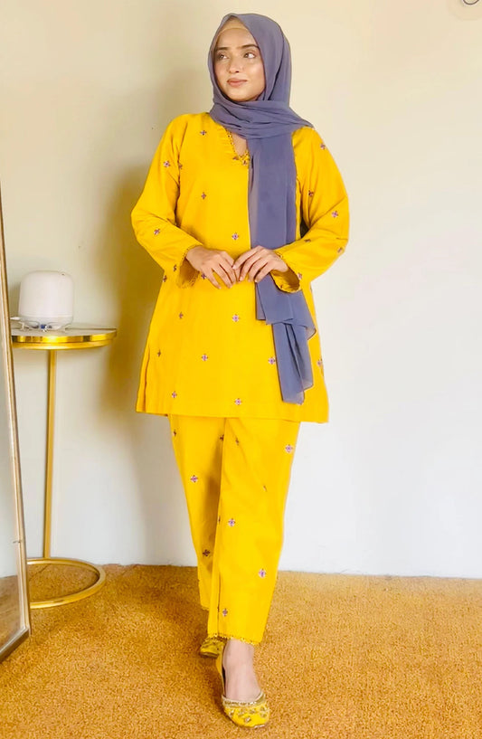 Modest Casual Cotton Stitched 2 Piece Suit - W268-Ylw Aashi - MOD25WWC - Yellow - Casual Collection