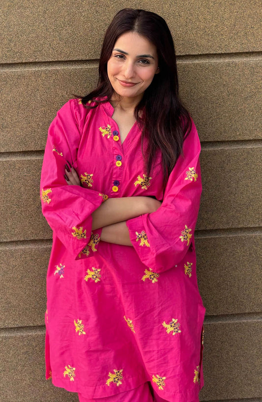 Modest Casual Cotton Stitched 2 Piece Suit - W267-Pnk Aira - MOD25WWC - Pink - Casual Collection