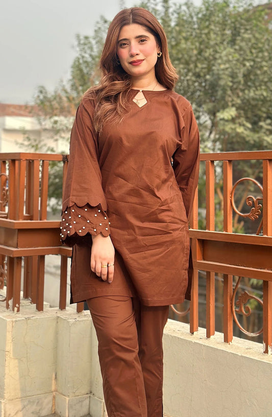 Modest Casual Cotton Stitched 2 Piece Suit - ZAW04-Brn Azure - MOD25WWC - Brown - Casual Collection