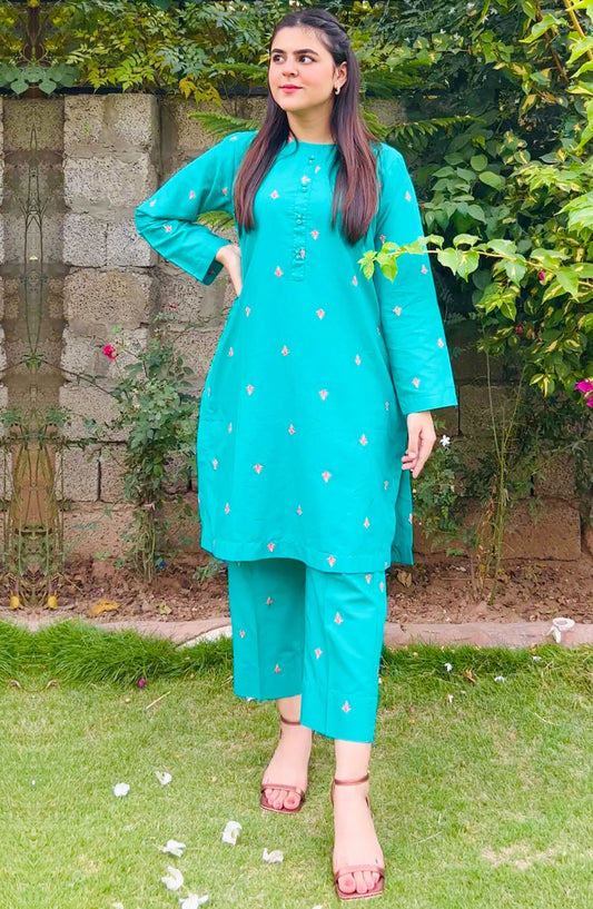 Modest Casual Cotton Stitched 2 Piece Suit - W271-Grn Saira - MOD25WWC - Green - Casual Collection