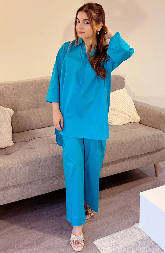 Modest Casual Cotton Stitched 2 Piece Suit - ZAW08-Blu Zaina - MOD25WWC - Blue - Casual Collection