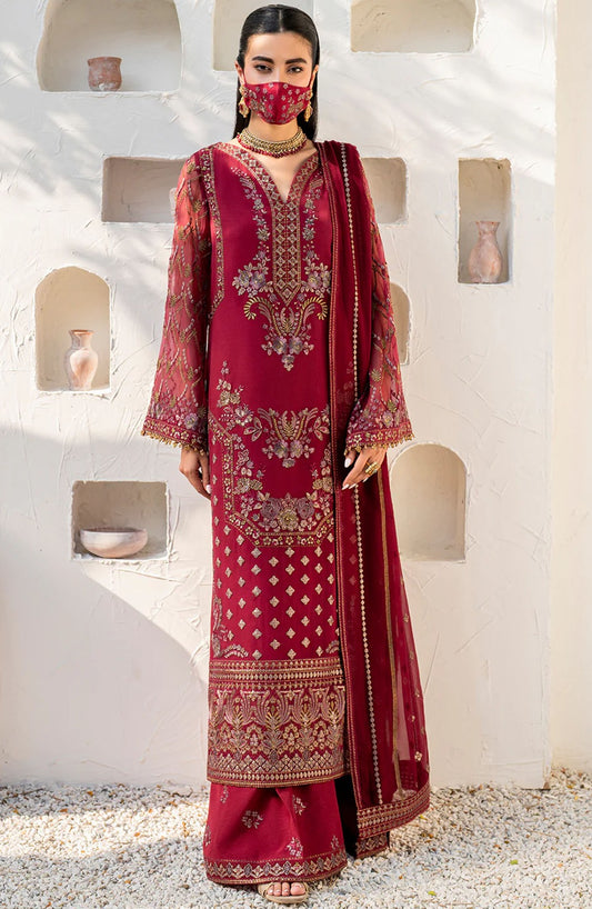 Flossie Embroidered Chiffon Unstitched 3 Piece Suit - S-1402 (A) - Red - Formal Collection