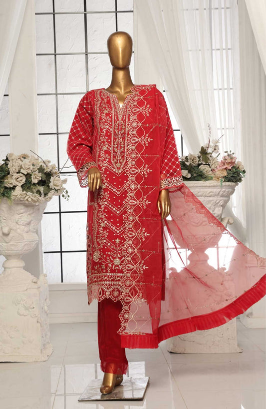 Bin Saeed Embroidered Organza Stitched 3 Piece - D-01 - BS25EO - Red - Festive Collection