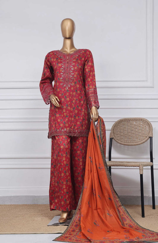 Malika by Sadabahar Embroidered Stitched 3 Piece - D-01 - SD25M - Burgundy Red - Summer Collection
