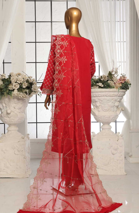 Bin Saeed Embroidered Organza Stitched 3 Piece - D-01 - BS25EO - Red - Festive Collection