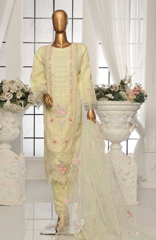 Bin Saeed Embroidered Organza Stitched 3 Piece - D-02 - BS25EO - Creamy Yellow - Festive Collection
