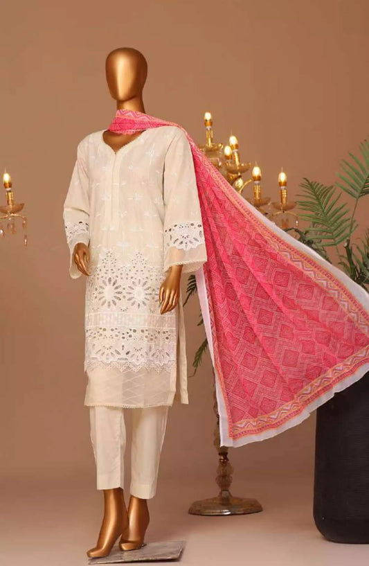 Bin Saeed Cotton Luxury Embroidered with Chiffon Dupatta 3pc Collection - Design 04