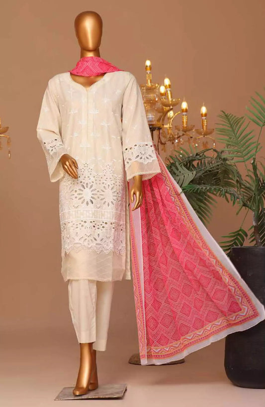 Bin Saeed Cotton Luxury Embroidered with Chiffon Dupatta 3pc Collection - Design 04
