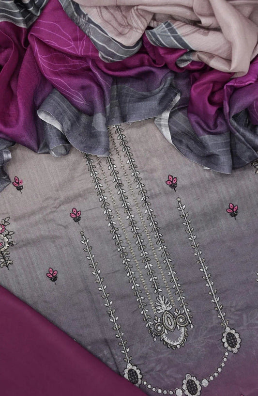 Hamna Unstitched Embroidered Lawn Collection 2024 With Diamond Dupatta - Design 07