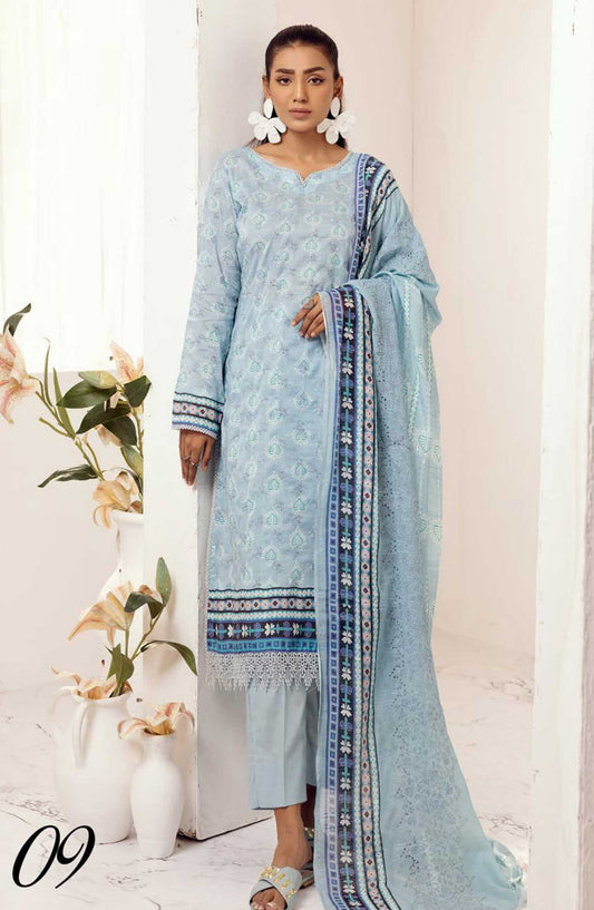 Mahees Hoorain by Riaz Arts Embroidered Lawn Unstitched 3 Piece - D-09 - RA25MH - Light Blue - Summer Collection