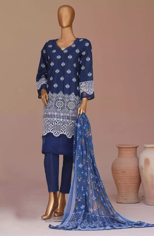 Bin Saeed Cotton Luxury Embroidered with Chiffon Dupatta 3pc Collection - Design 12