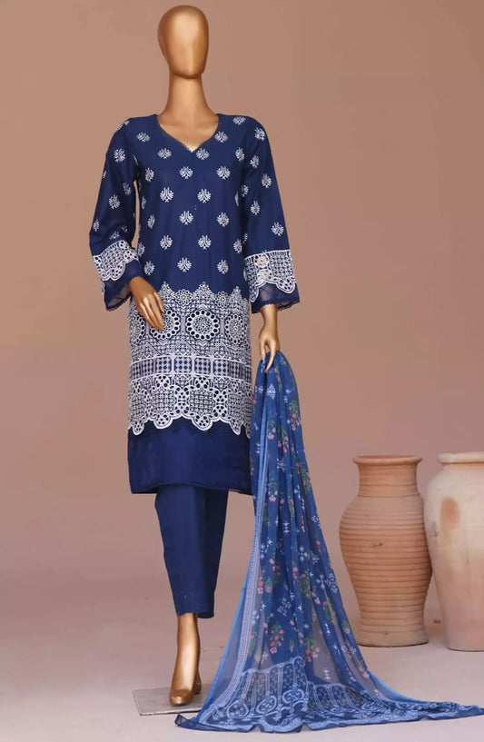 Bin Saeed Cotton Luxury Embroidered with Chiffon Dupatta 3pc Collection - Design 12